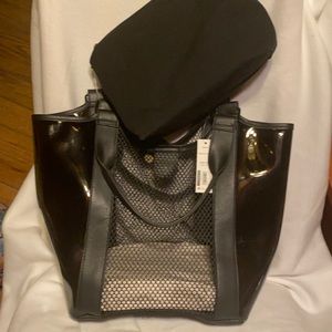 NWT black vinyl & mesh bag with cosmetic bag